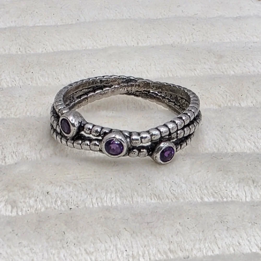 Vintage 925 Sterling Silver Purple Rhinestone Braided Triple Band Ring Size 8